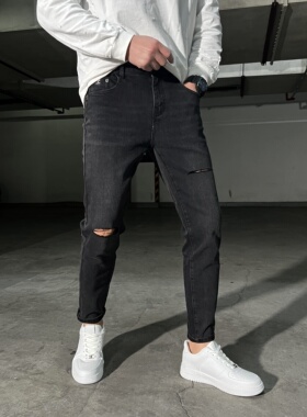 黑色一刀割修身小脚九分牛仔男裤2023春夏新款百搭显瘦破洞弹力裤