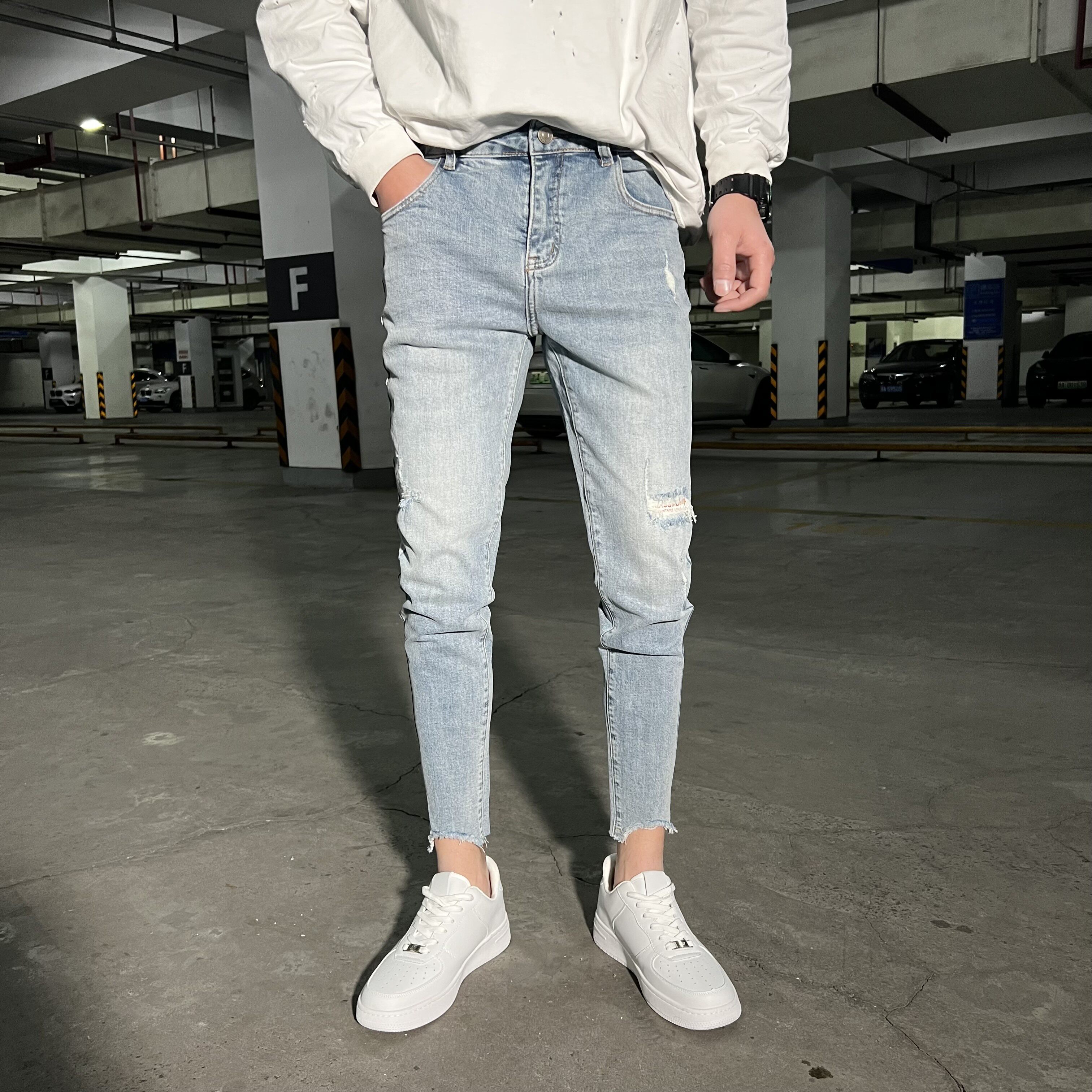 个性毛边九分牛仔男士裤春秋修身破洞裤新款水洗弹力百搭韩版裤潮