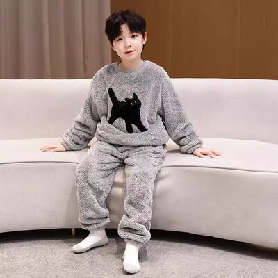 青少年睡衣秋冬款法兰绒男童家居服套装保暖加厚珊瑚绒中大童睡衣