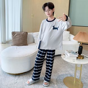 男童秋冬德绒保暖长袖中大童睡衣宽松内搭印花保暖体恤儿童家居服