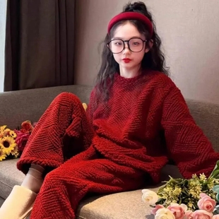 女孩安可拉红拜年服冬季珊瑚绒睡衣保暖大红色法兰绒中大童家居服
