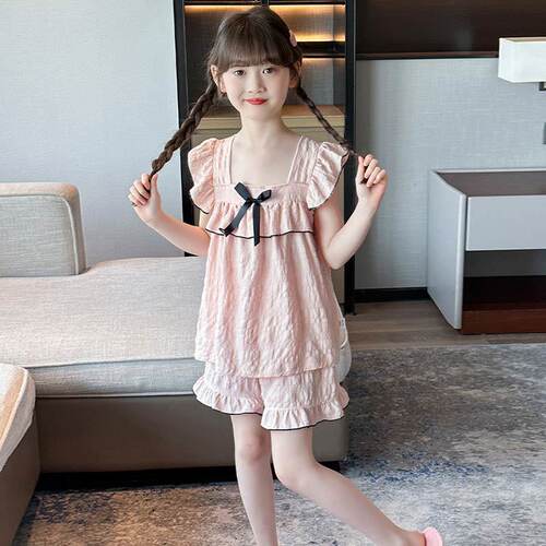 女孩家居服夏季新款韩版吊带女童睡衣套装宽松薄款短款大童空调服