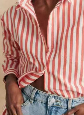 se经典tomboy同款 文艺清新法式纯棉男友风翻领条纹宽松长袖衬衫