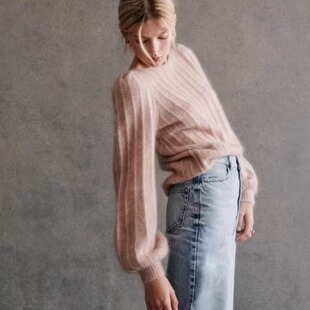 法单醇元羊毛混纺一字领康宝莱Baby马海毛灯笼袖仙气毛衣针织衫