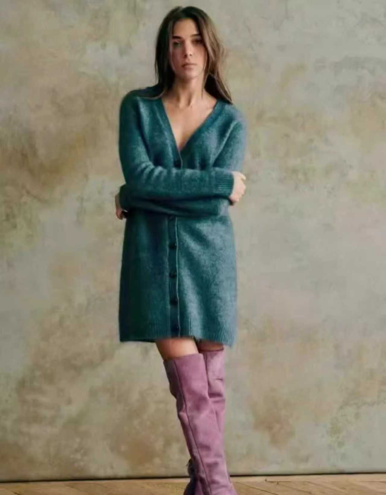 thumbnail for Loss clear French pure original tail goods mid-length cardigan V-neck versatile slim mohair wool blend cardigan dress