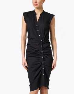 VB纯原Z品黑色V领压褶纽扣包臀无袖 大气 连衣裙保真弹力遮肉修身