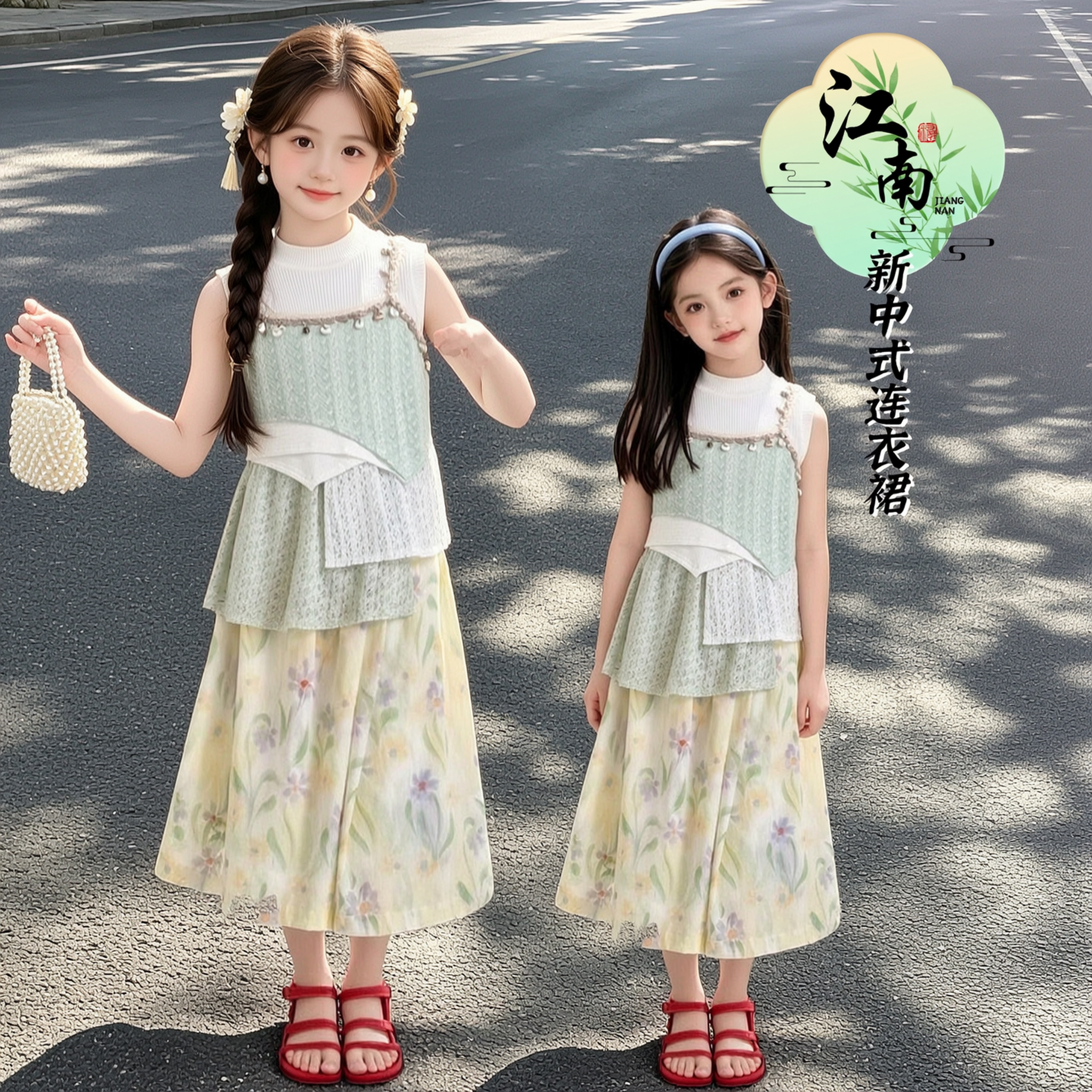 女童2026夏季新款民族风两件套装洋气薄款中大童碎花连衣裙两件套
