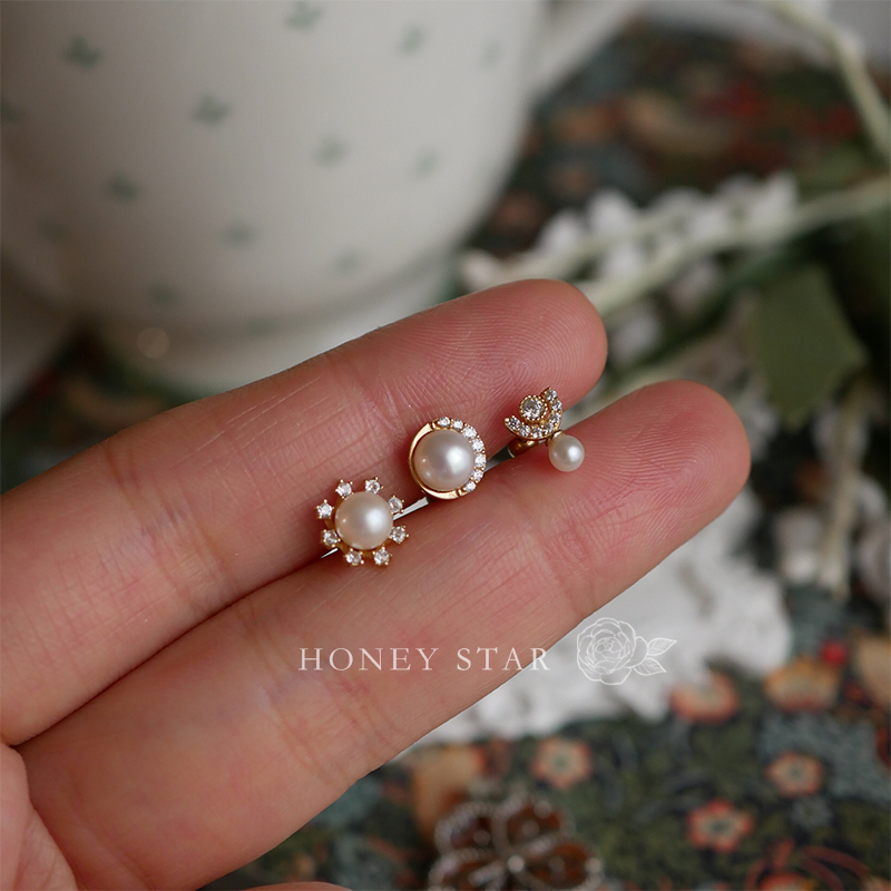 HONEY.10k金日月星天然淡水珍珠耳钉 纯金精致单只拧螺丝耳骨钉