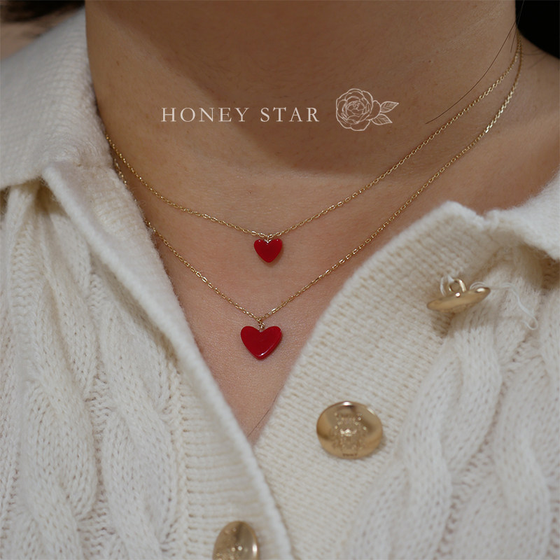 HONEY.14k金小红心项链 精致日系新年红色爱心开运百搭通勤锁骨链