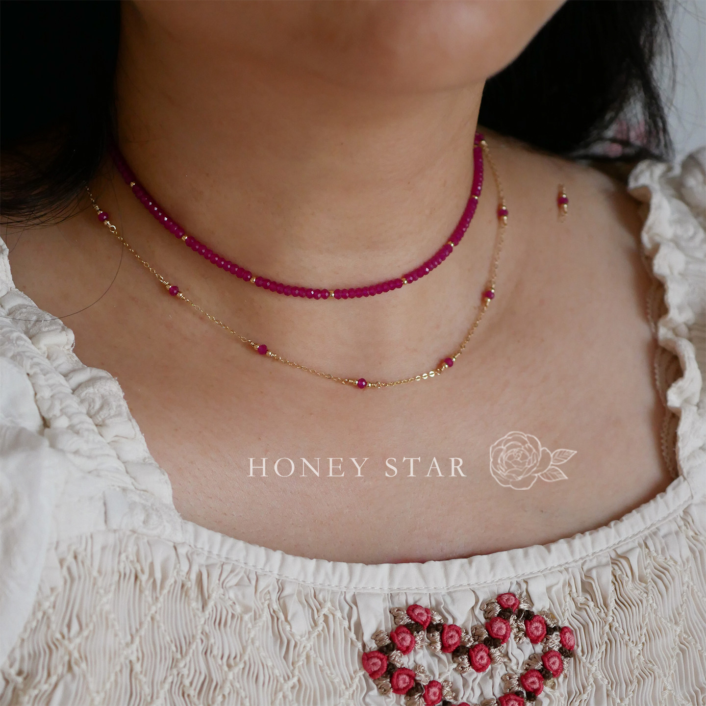 HONEY.小浆果项链 手作美国14k包金极细闪亮显白红刚玉锁骨链颈链