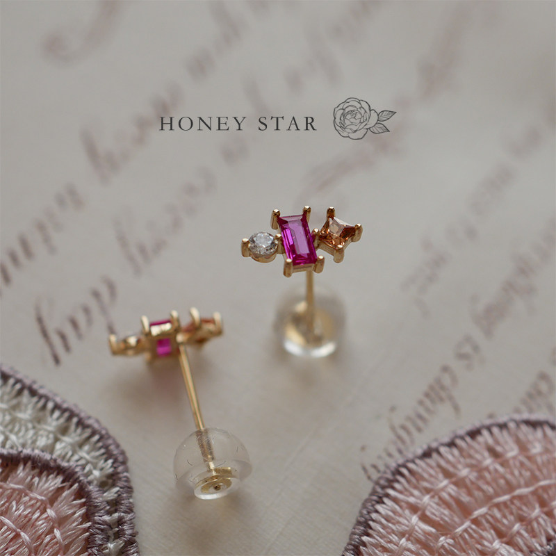 HONEY.10k金新年糖果 mini日系小巧精致红色方糖免摘通勤百搭耳钉