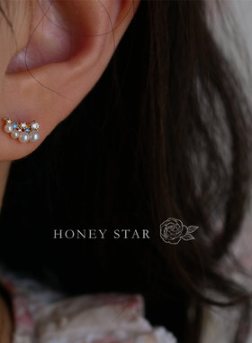 HONEY.10k金冰蓝星星珍珠耳钉 法式轻奢精致天然淡水珍珠通勤耳饰