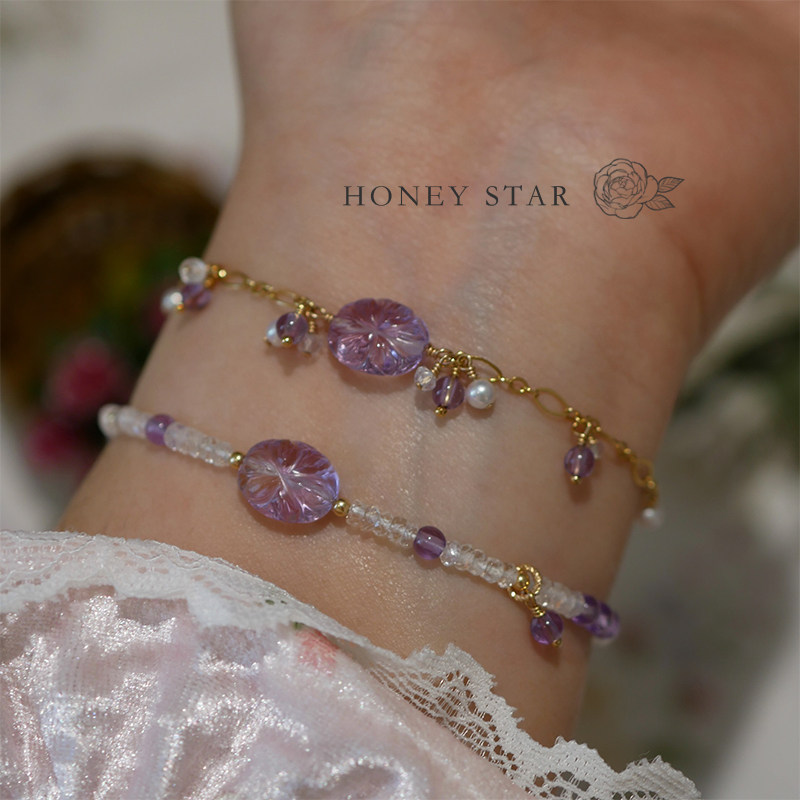 HONEY.原创手作美国14k包金雕刻天然紫水晶珍珠月光石精致小手链