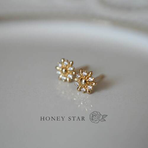 HONEY.10k金太阳雏菊耳钉 法式气质精致闪亮满钻小花通勤百搭耳饰