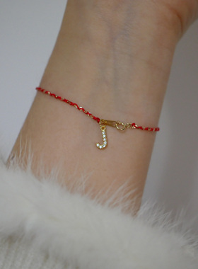 HONEY.纯14k黄金lucky红绳 韩国k金闪亮o字金链编织字母新年手链