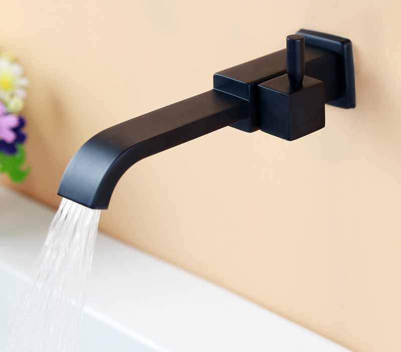 黑色铜墙出拖把池水龙头家装用加长方形入墙式单冷墙上水嘴带开关