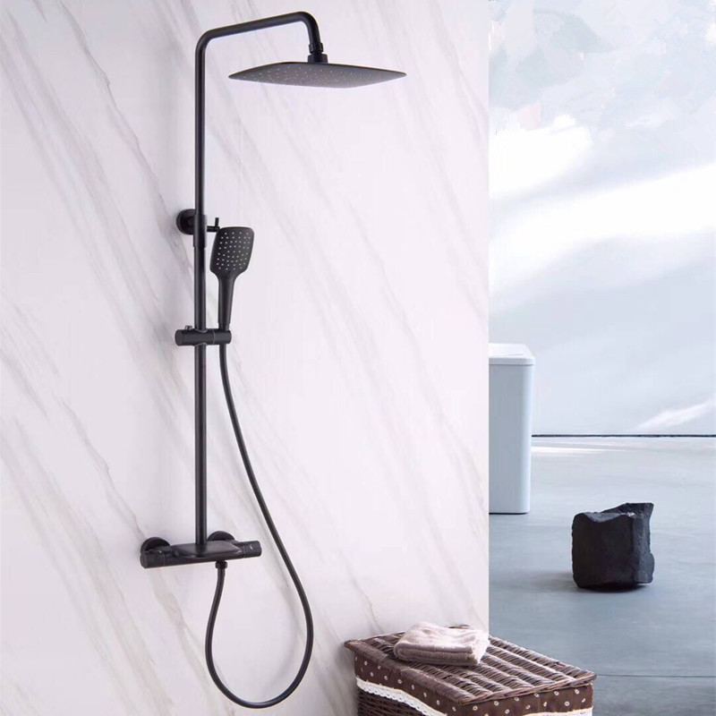 全铜黑色恒温淋浴花洒瀑布出水套装空气注入飞雨浴室洗浴喷头套装