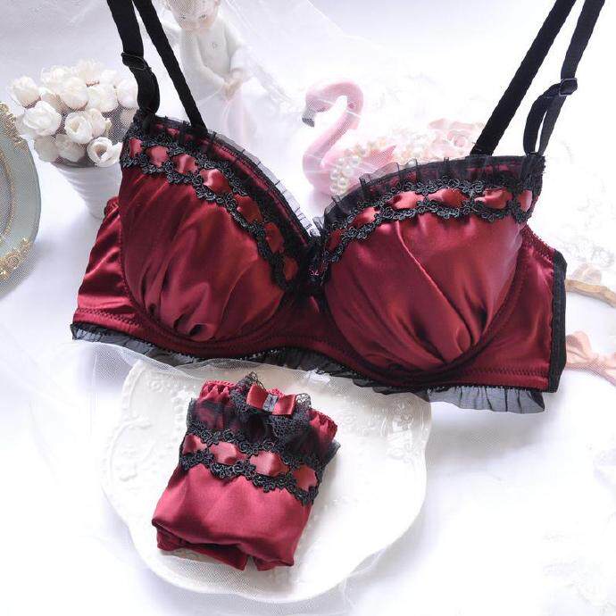 性感丝滑酒红色大罩杯文胸套装