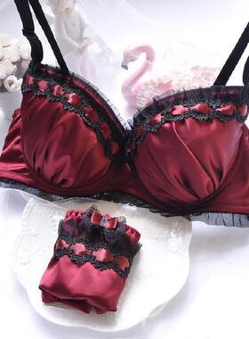 性感神秘丝滑酒红色胖MM大罩杯文胸套装85D90D95B95C95D100B100C