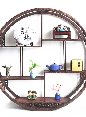 鸡翅实木小博古架现代中式挂壁式挂墙上多宝阁茶壶置物架仿古董架