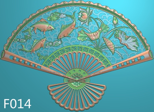 F014扇形荷花鱼精雕图jdp 镂空荷花鱼浮雕图 灰度图