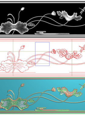 43790荷花莲花荷叶蜻蜓沙发大床背板后板扶手荷花精雕图 有线