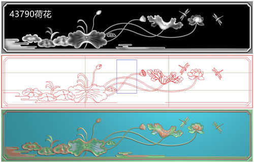 43790荷花莲花荷叶蜻蜓沙发大床背板后板扶手荷花精雕图 有线