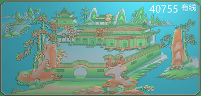 40755山水房子横精雕图 浮雕图灰度图 有线