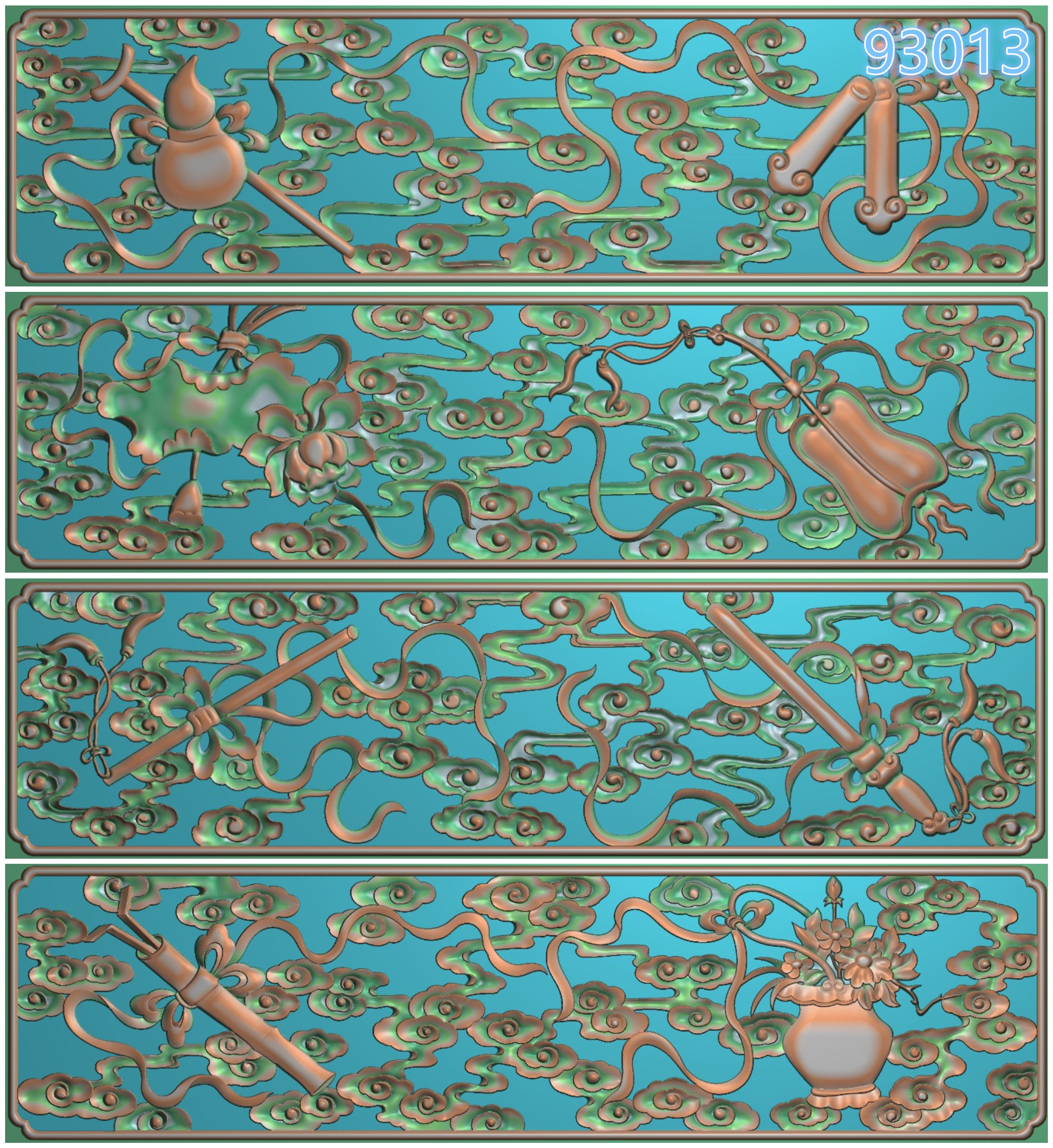 八宝抽屉书柜暗八仙祥云抽斗围板写字台横精雕图浮雕图灰度图bmp