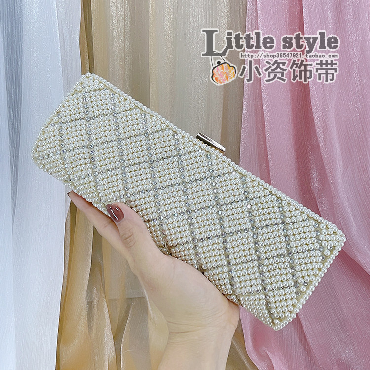 长款菱格小珍珠手拿包 手工钉珠绣包串珠vintage复古风