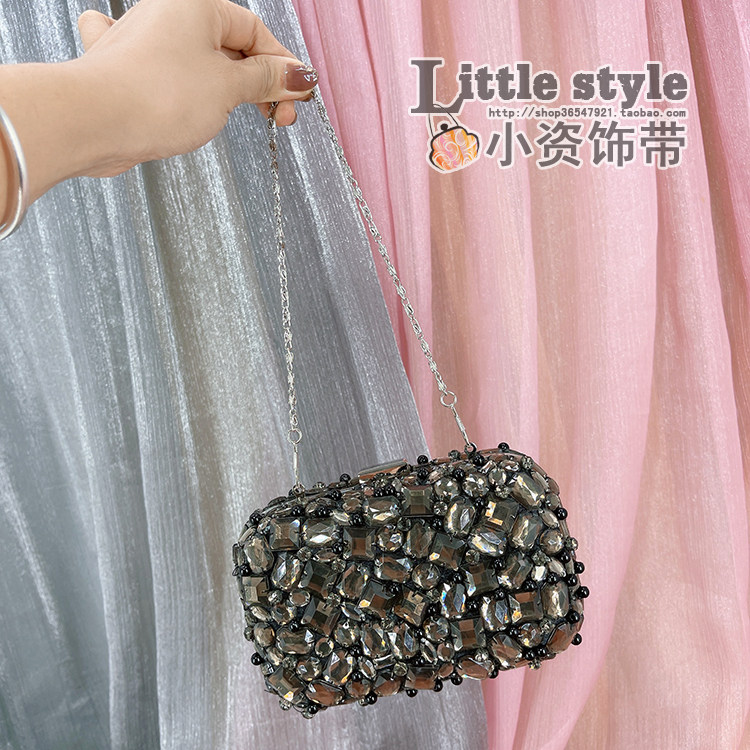 串珠大钻小奢华方形盒子包手工珠绣手拿链条包裙子配包