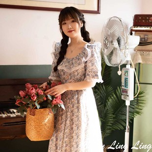 LIBERTY蓝玫瑰大裙摆法式 连衣裙夏新款