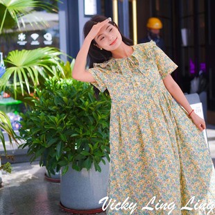 liberty法式 荷叶领系带塔克褶宽松连衣裙夏新款