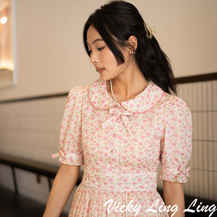 LIBERTY淡紫圆玫瑰甜美法式 大裙摆连衣裙