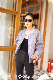 英国LINTON休闲灰格九分袖小香外套