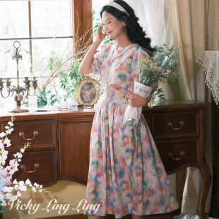 LIBERTY复古油画晕染连衣裙泡泡袖 长裙 2024新款