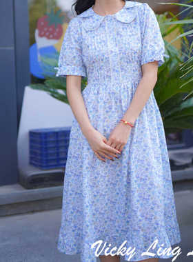 LIBERTY日版蓝色三色堇别致风琴褶法式娃娃领连衣裙