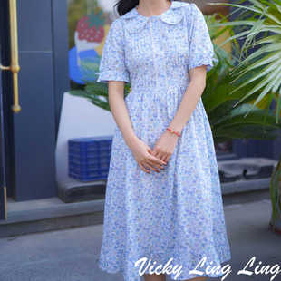 LIBERTY日版 娃娃领连衣裙 蓝色三色堇别致风琴褶法式