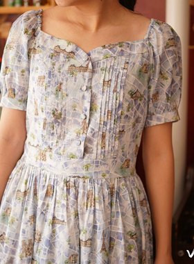 利伯缇liberty复古 蓝色心房 /故事岛 风琴褶连衣裙设计感夏款