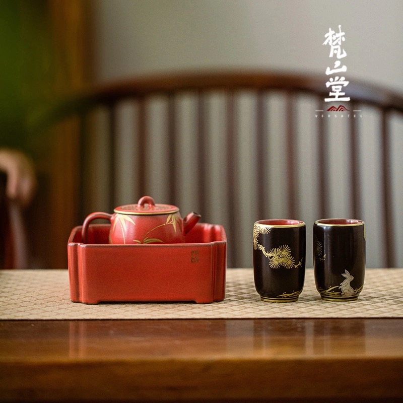 梵山堂金银彩绘玄黑竹石扳指杯