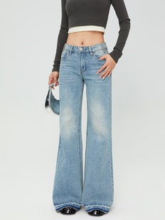 STN美式复古直筒微喇牛仔裤2025新款浅蓝宽松高街拖地阔腿长裤女