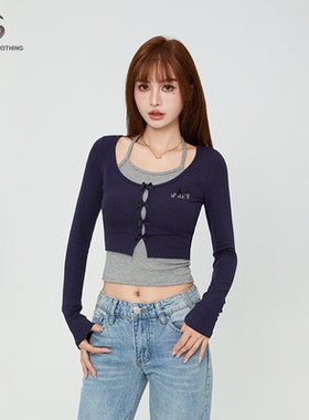 STN美式复古针织真两件长袖上衣女2025新春秋内搭长袖修身打底衫