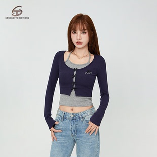 打底衫 STN美式 修身 上衣女2025新春秋内搭长袖 复古针织真两件长袖