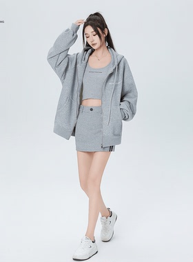 STN宽松慵懒欧美风灰色连帽卫衣2025新款女秋冬潮牌外穿拉链外套