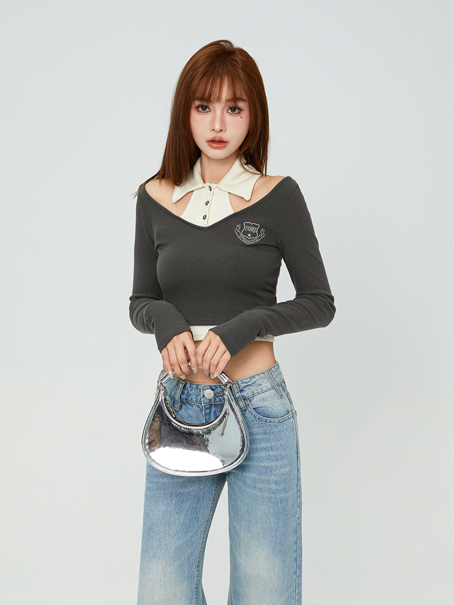 刺绣撞色假两件长袖学院风上衣