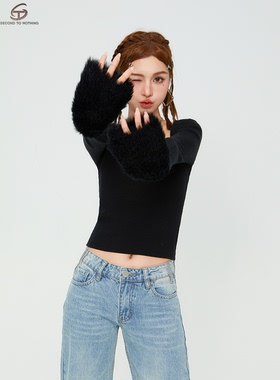 STN袖口拼接貂毛打底毛衣针织衫女2025新款春秋短款修身纯欲上衣