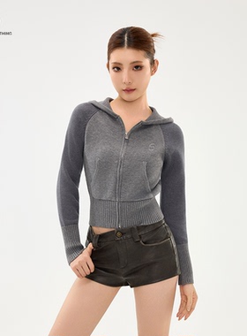 STN美式灰色连帽卫衣女2025秋季新款修身百搭开衫外套针织上衣