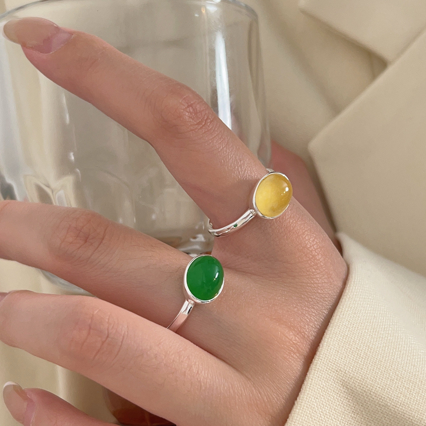 S925纯银玉髓开口可调戒指女