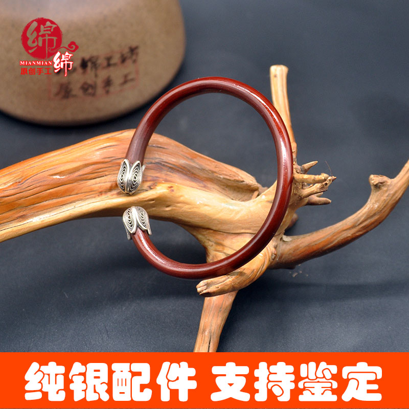 S925纯银西藏野生鸡血藤手镯七夕送礼藤镯本命年格桑花民族风开口