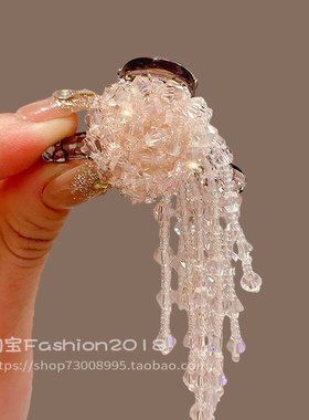 轻奢超仙水晶优雅女花朵独特水钻高级后脑勺半扎发流苏刘海抓夹潮